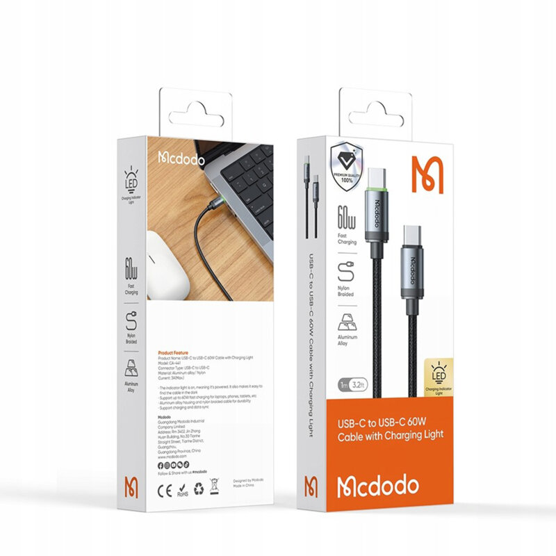 Cablu de date USB-C to Type-C, PD60W, 1m, Mcdodo, CA-4410, negru