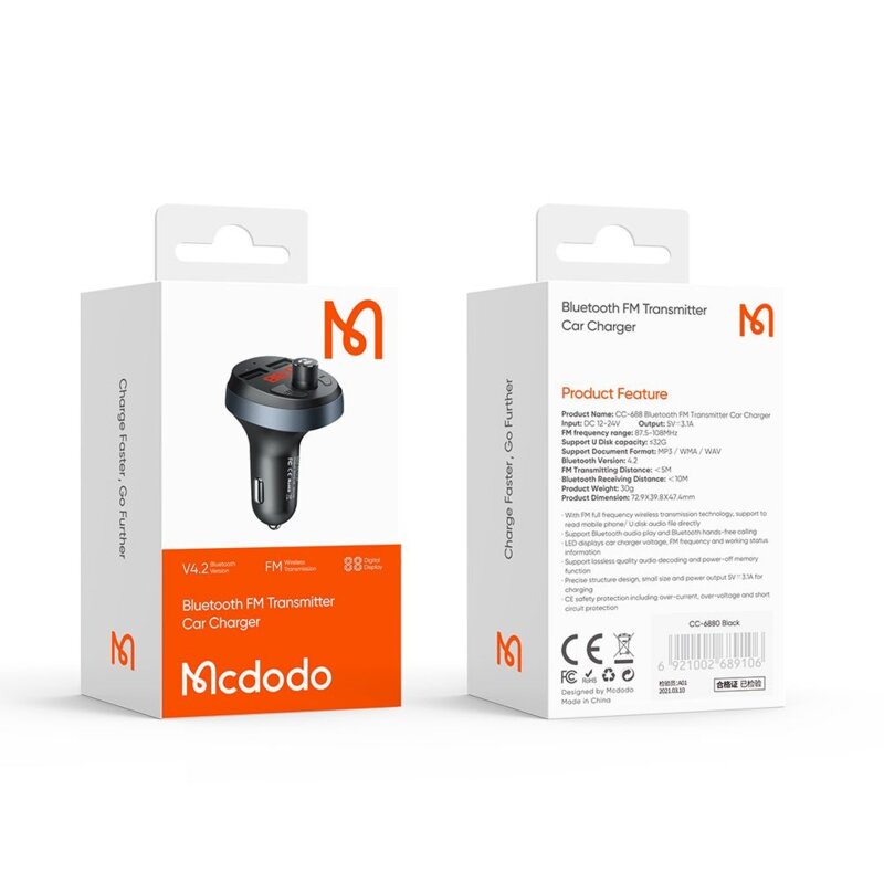 Modulator FM Bluetooth 2x USB, Mcdodo CC-6880, negru