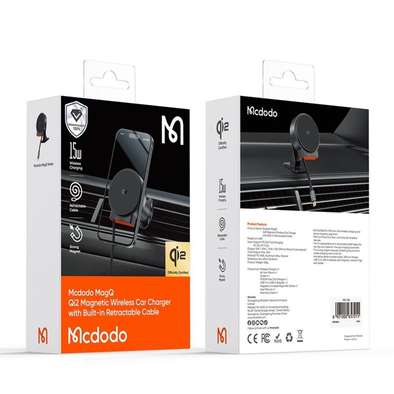 Suport auto cu incarcare wireless + cablu retractabil, Mcdodo, CH-0091