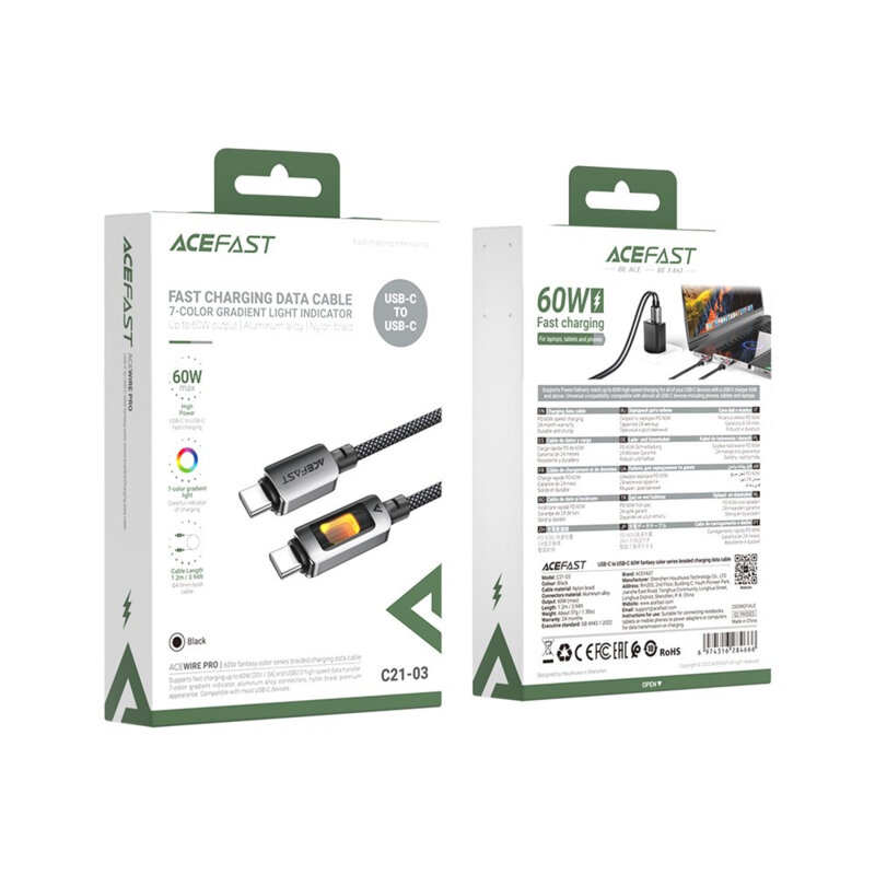 Cablu de date Type-C 60W, 3A Acefast, C21-03, negru, 1.2m