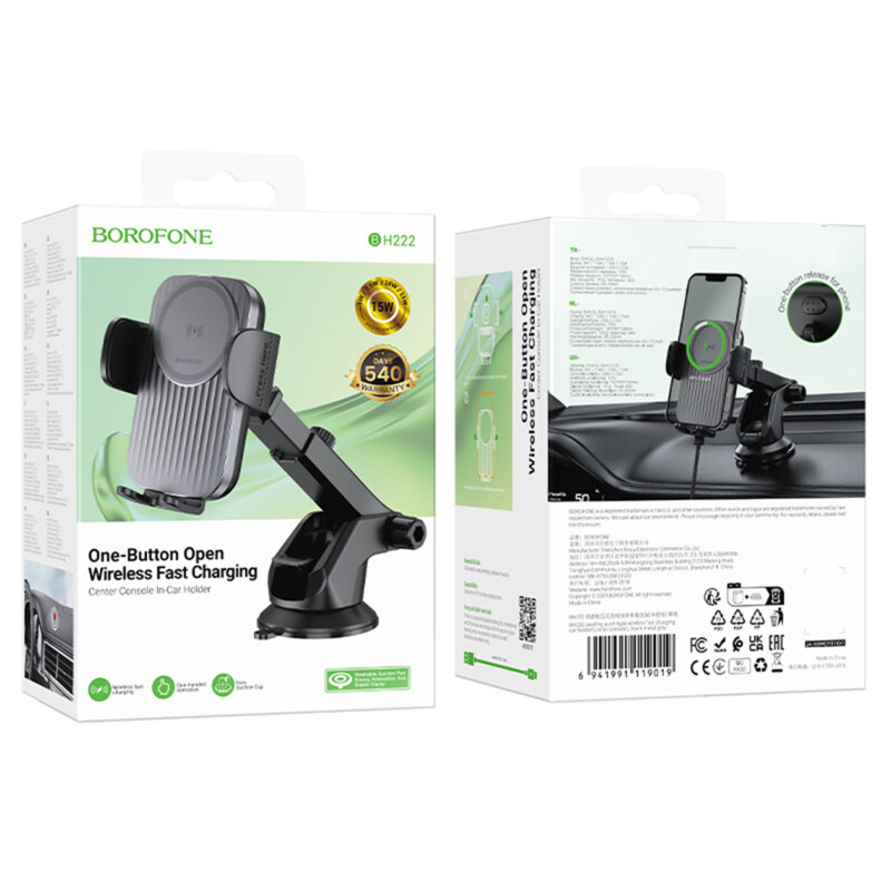 Suport auto cu incarcare wireless 15W, Borofone Leading, negru, BH222