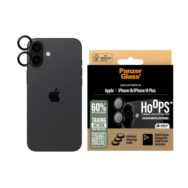 Folie iPhone 16 Plus pentru lentile camera PanzerGlass® Hoops® Series, negru