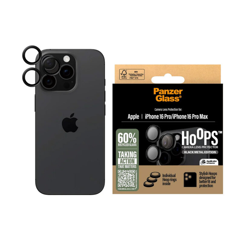 Folie iPhone 16 Pro Max pentru lentile camera PanzerGlass® Hoops® Series, negru