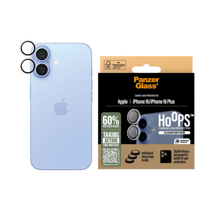 Folie iPhone 16 pentru lentile camera PanzerGlass® Hoops® Series, transparenta