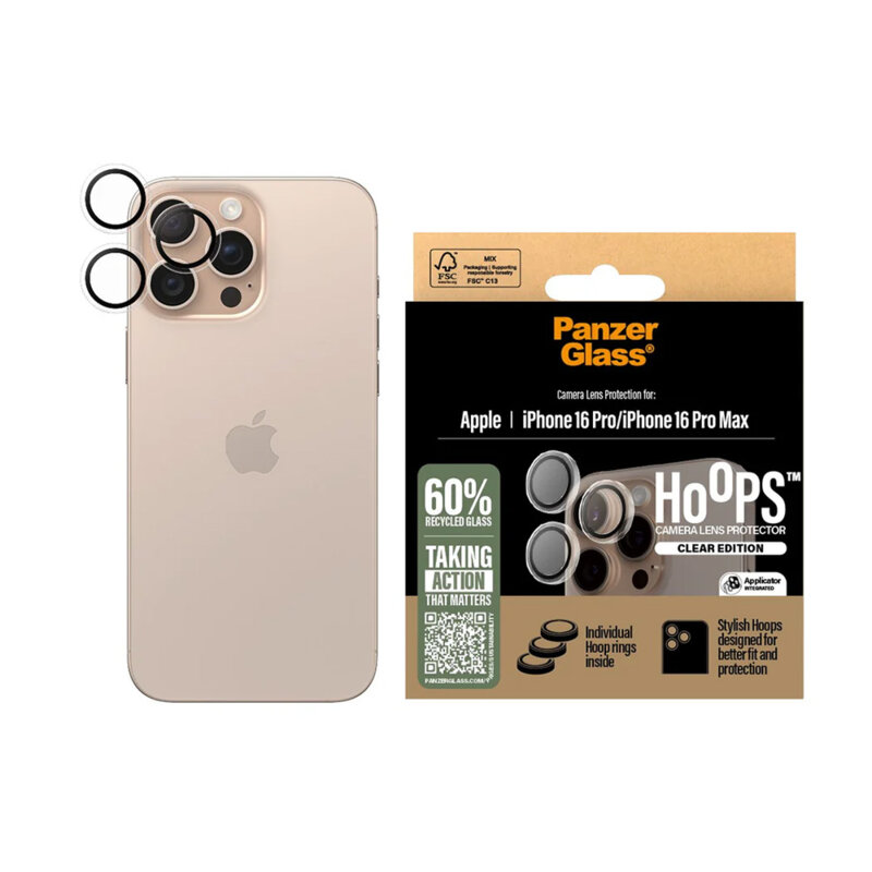 Folie iPhone 16 Pro Max pentru lentile camera PanzerGlass® Hoops® Series, transparenta