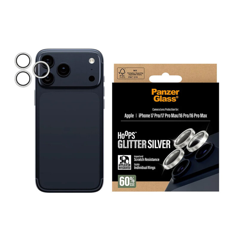 Folie iPhone 17 Pro pentru lentile camera PanzerGlass® Hoops® Series, argintiu
