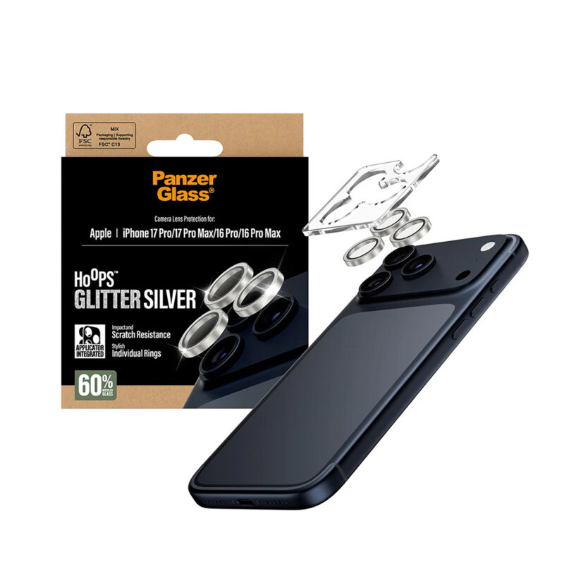 Folie iPhone 16 Pro pentru lentile camera PanzerGlass® Hoops® Series, argintiu