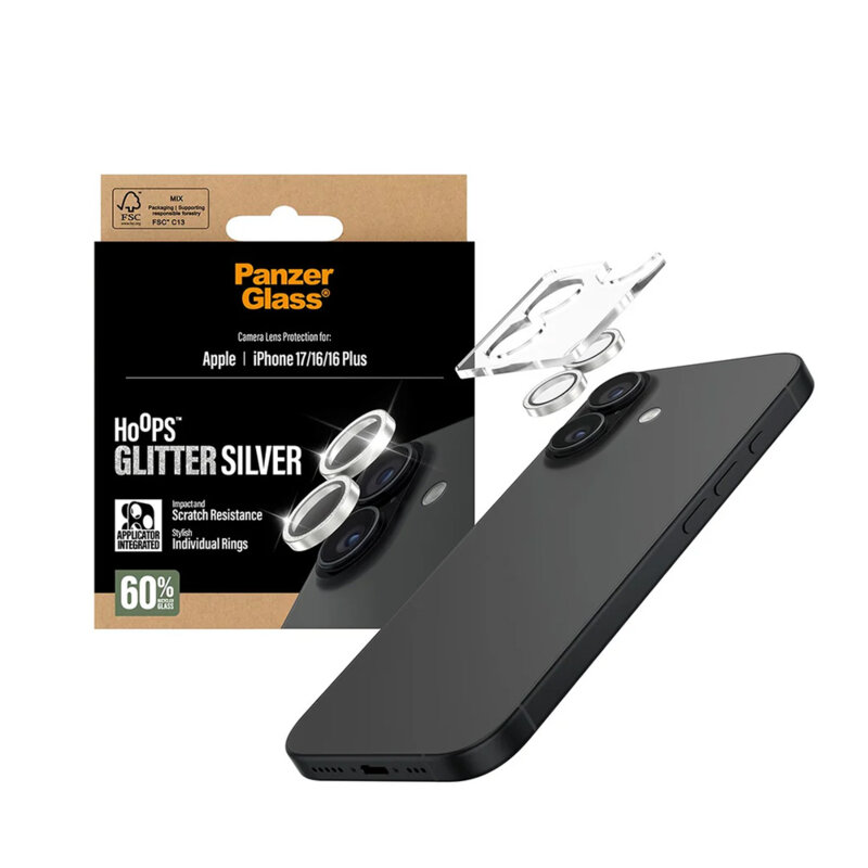 Folie iPhone 16 pentru lentile camera PanzerGlass® Hoops® Series, argintiu