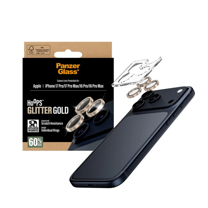 Folie iPhone 16 Pro Max pentru lentile camera PanzerGlass® Hoops® Series, auriu