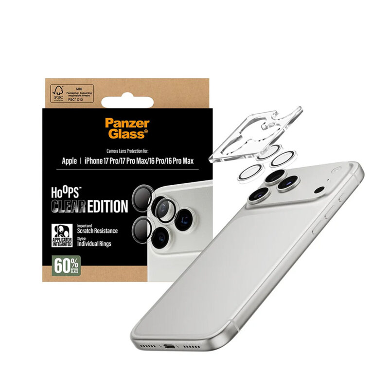 Folie iPhone 16 Pro pentru lentile camera PanzerGlass® Hoops® Series, transparenta