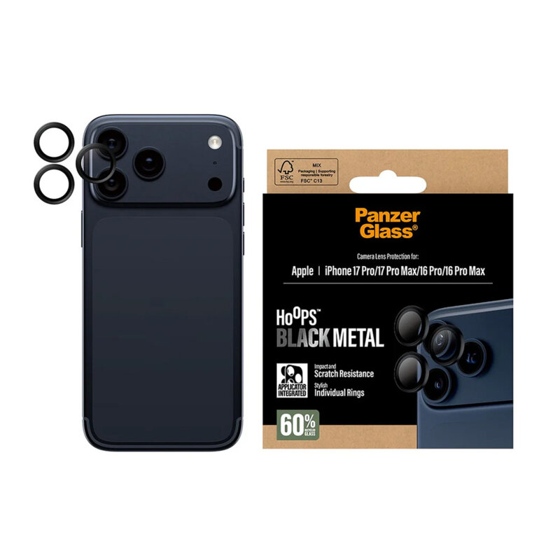 Folie iPhone 17 Pro pentru lentile camera PanzerGlass® Hoops® Series, negru