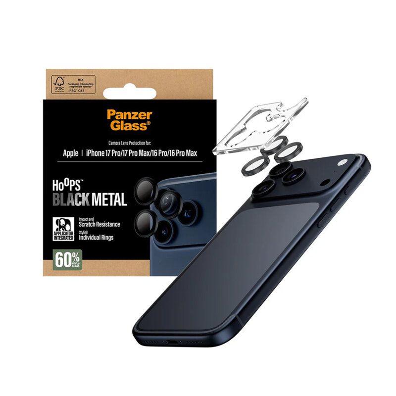 Folie iPhone 16 Pro Max pentru lentile camera PanzerGlass® Hoops® Series, negru
