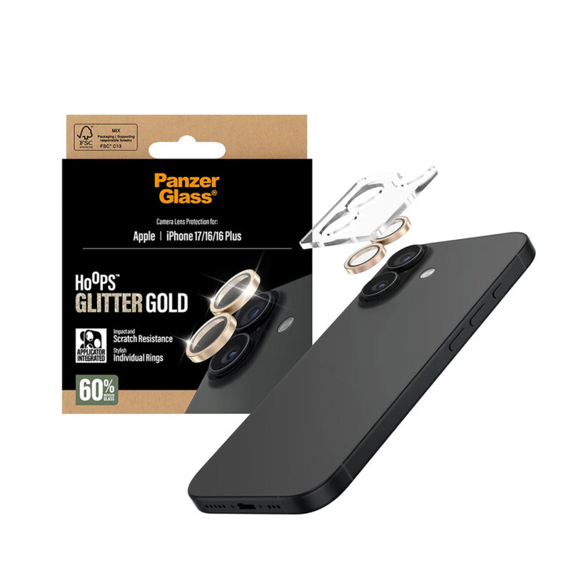Folie iPhone 16 pentru lentile camera PanzerGlass® Hoops® Series, auriu