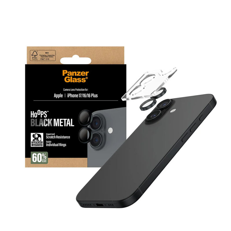 Folie iPhone 16 pentru lentile camera PanzerGlass® Hoops® Series, negru