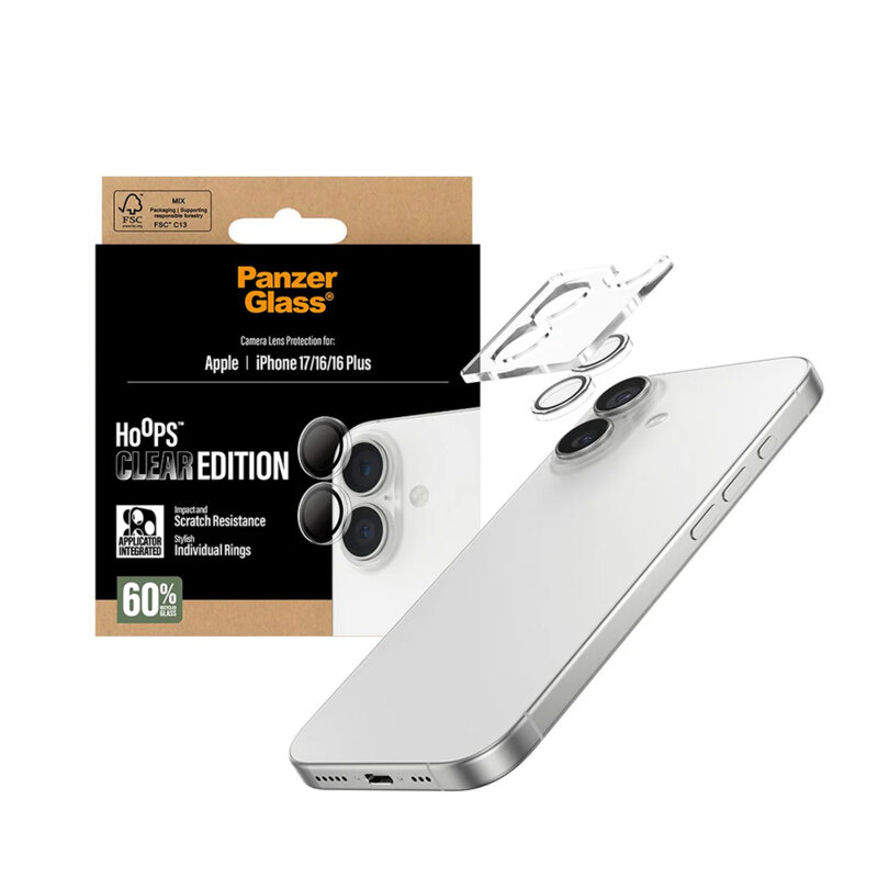 Folie iPhone 16 pentru lentile camera PanzerGlass® Hoops® Series, transparenta