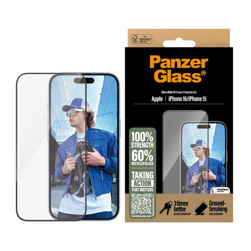 Folie iPhone 16 PanzerGlass® Ultra-Wide Fit, negru