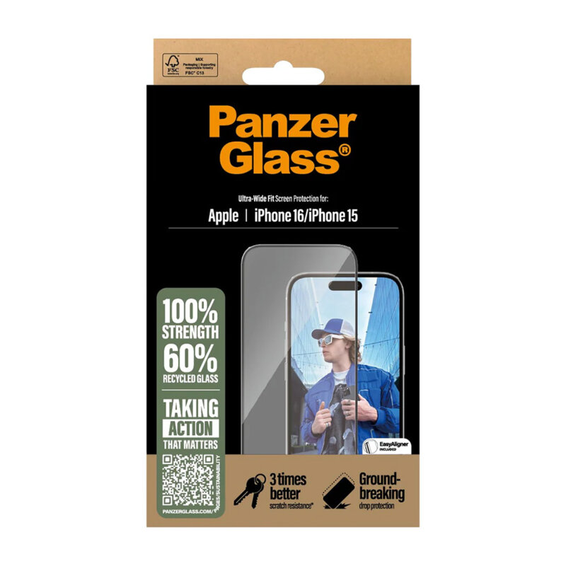 Folie iPhone 16 PanzerGlass® Ultra-Wide Fit, negru