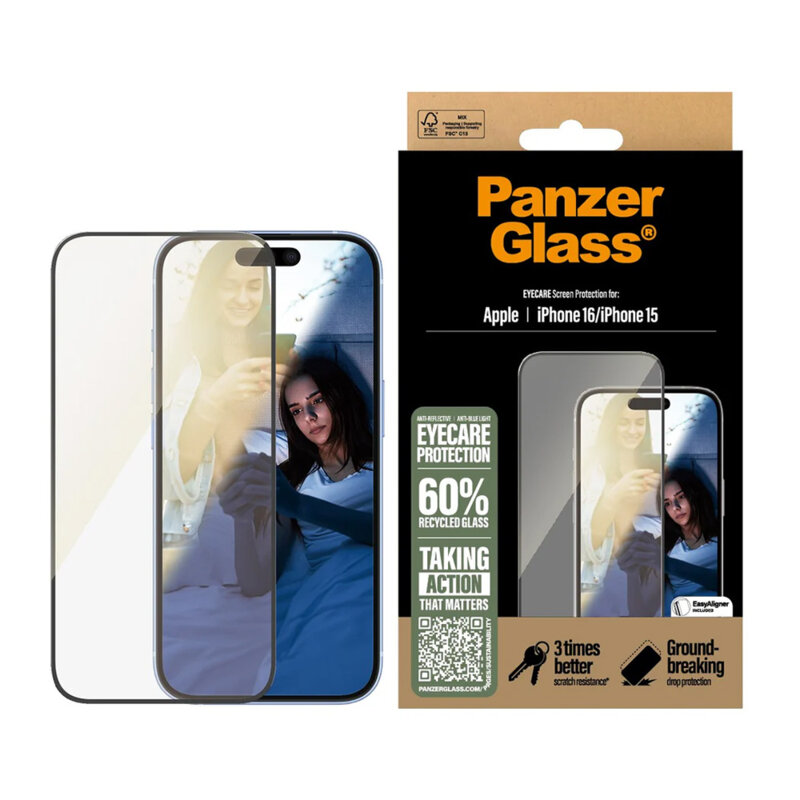 Folie iPhone 16 PanzerGlass® Ultra-Wide Fit EyeCare, negru