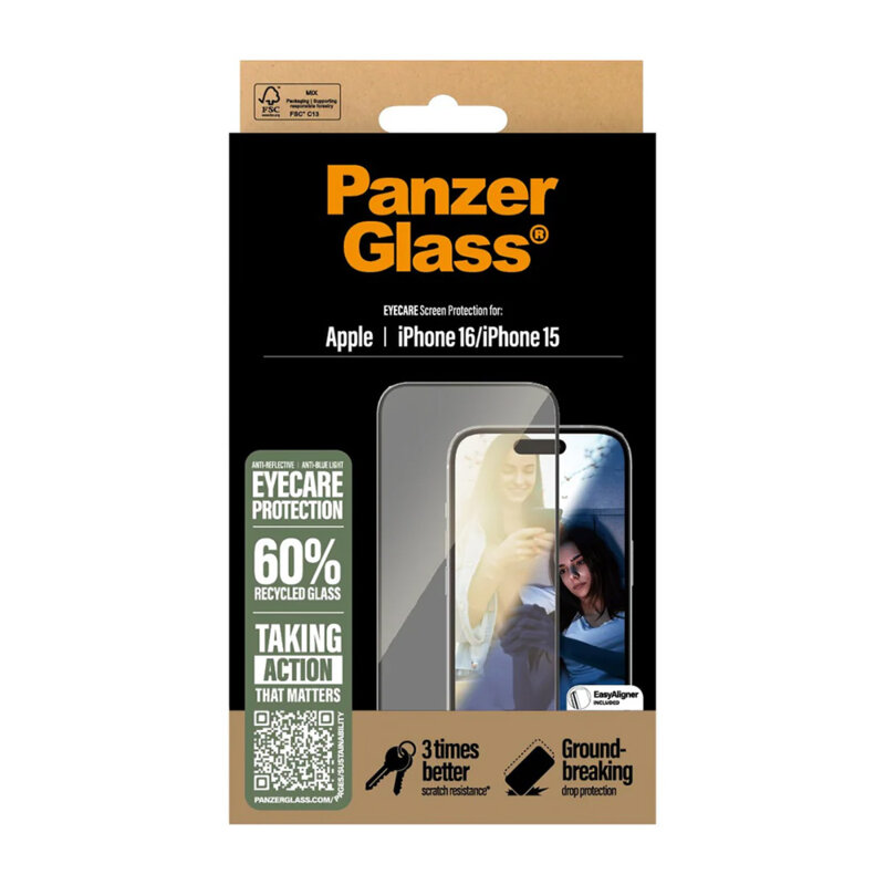 Folie iPhone 16 PanzerGlass® Ultra-Wide Fit EyeCare, negru