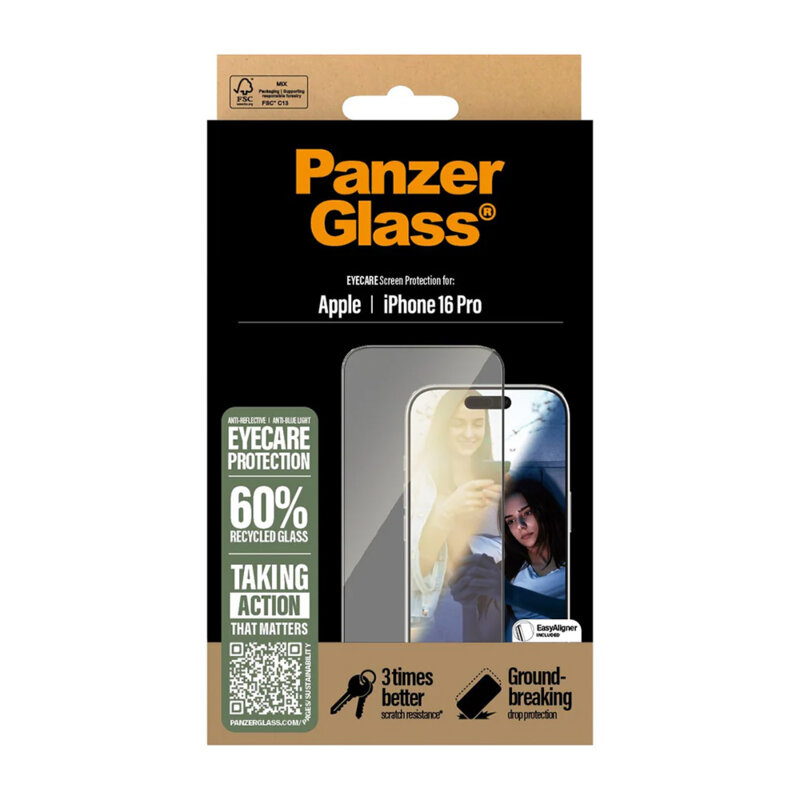 Folie iPhone 16 Pro PanzerGlass® Ultra-Wide Fit EyeCare, negru