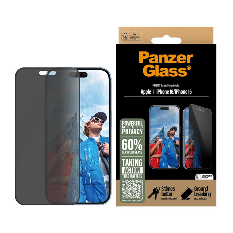 Folie iPhone 16 PanzerGlass® Privacy Ultra-Wide Fit w. EasyAligner, negru