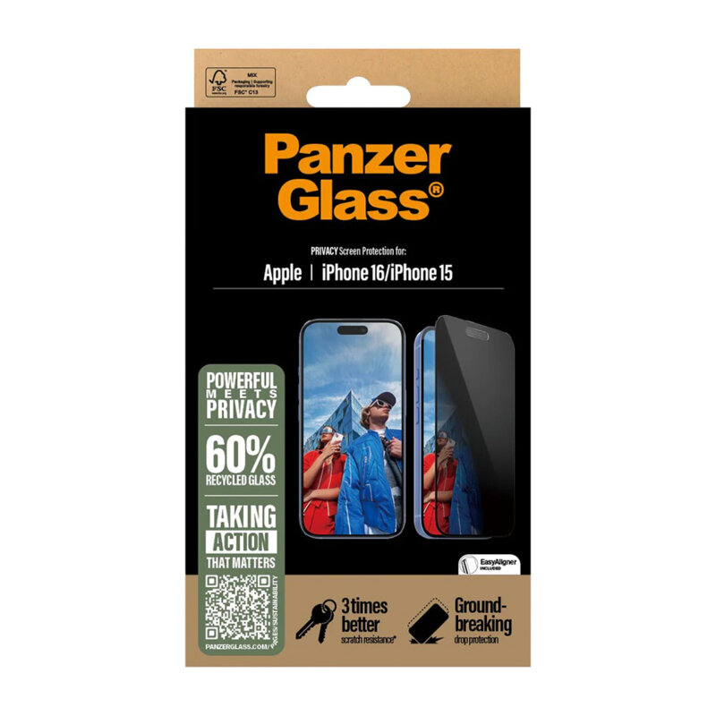 Folie iPhone 15 PanzerGlass® Privacy Ultra-Wide Fit w. EasyAligner, negru