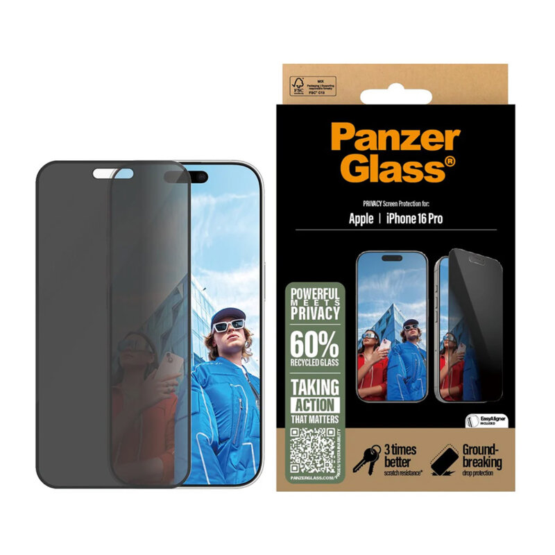 Folie iPhone 16 Pro PanzerGlass® Privacy Ultra-Wide Fit w. EasyAligner, negru