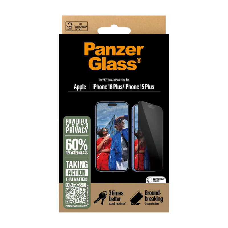 Folie iPhone 15 Plus PanzerGlass® Privacy Ultra-Wide Fit w. EasyAligner, negru