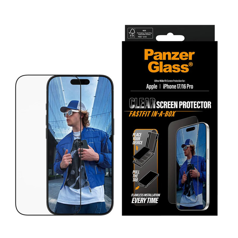 Folie iPhone 16 Pro PanzerGlass® Ultra-Wide Fit w. FASTFIT IN-A-BOX, negru