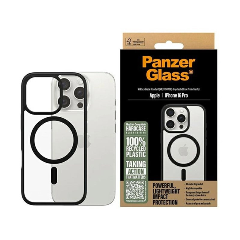 Husa iPhone 16 Pro PanzerGlass® HardCase Black MagSafe & Frame Series, transparenta
