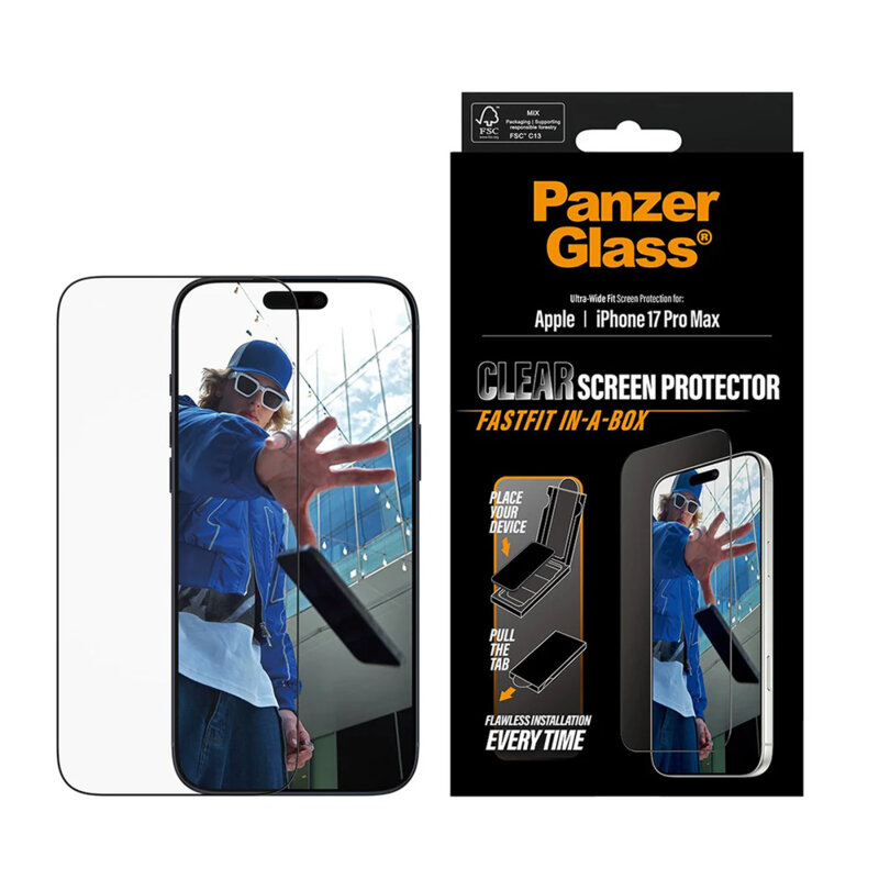 Folie iPhone 17 Pro Max PanzerGlass® Ultra-Wide Fit w. FASTFIT IN-A-BOX, negru