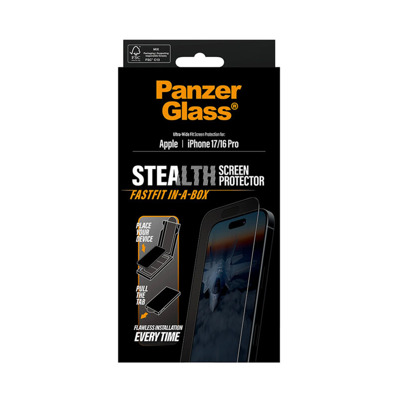 Folie iPhone 17 PanzerGlass® Stealth Ultra-Wide Fit w. FASTFIT IN-A-BOX, negru
