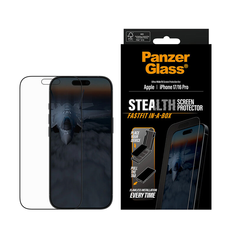 Folie iPhone 16 Pro PanzerGlass® Stealth Ultra-Wide Fit w. FASTFIT IN-A-BOX, negru