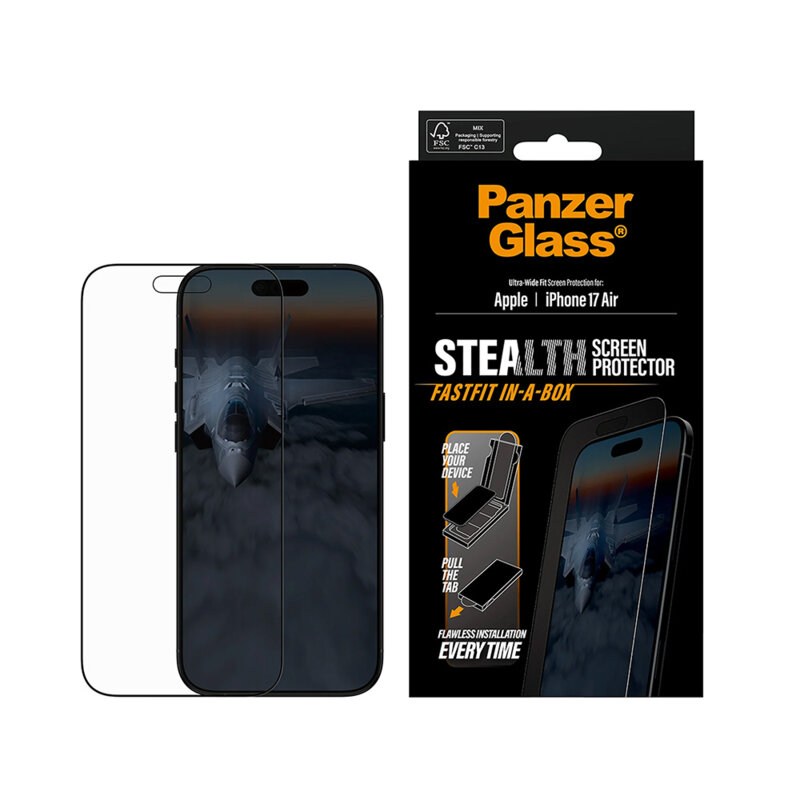 Folie iPhone 17 Air PanzerGlass® Stealth Ultra-Wide Fit w. FASTFIT IN-A-BOX, negru
