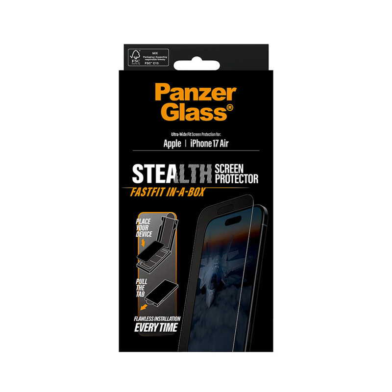 Folie iPhone 17 Air PanzerGlass® Stealth Ultra-Wide Fit w. FASTFIT IN-A-BOX, negru