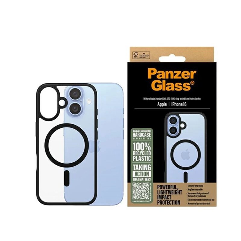Husa iPhone 16 PanzerGlass® HardCase Black MagSafe & Frame Series, transparenta