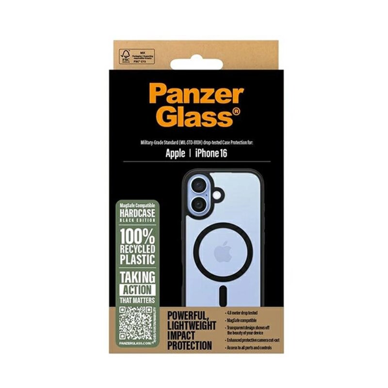 Husa iPhone 16 PanzerGlass® HardCase Black MagSafe & Frame Series, transparenta
