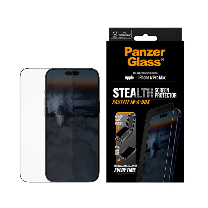 Folie iPhone 17 Pro Max PanzerGlass® Stealth Ultra-Wide Fit w. FASTFIT IN-A-BOX, negru