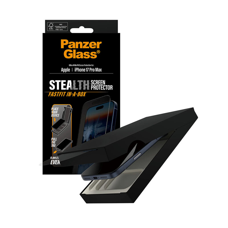 Folie iPhone 17 Pro Max PanzerGlass® Stealth Ultra-Wide Fit w. FASTFIT IN-A-BOX, negru