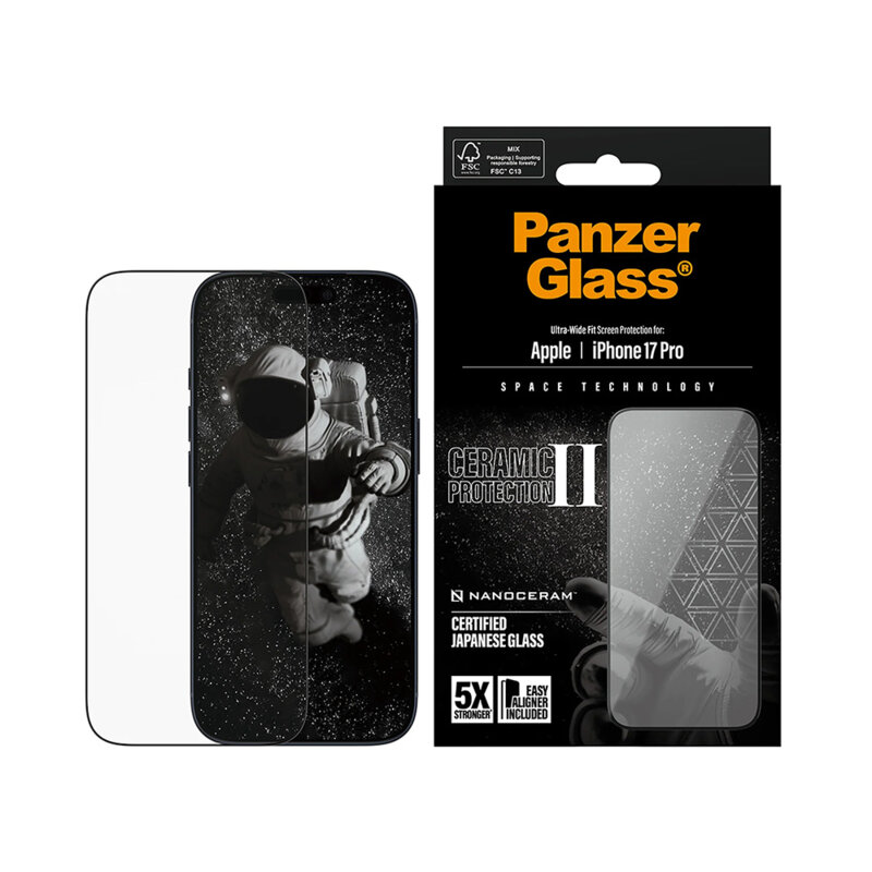 Folie iPhone 17 Pro PanzerGlass® Ceramic II Ultra-Wide Fit w. EasyAligner, negru