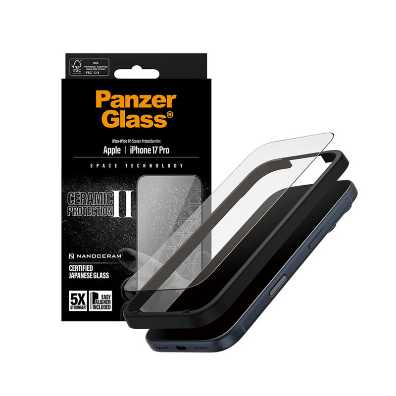 Folie iPhone 17 Pro PanzerGlass® Ceramic II Ultra-Wide Fit w. EasyAligner, negru