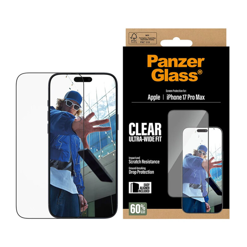 Folie iPhone 17 Pro Max PanzerGlass® Ultra-Wide Fit w. EasyAligner, negru