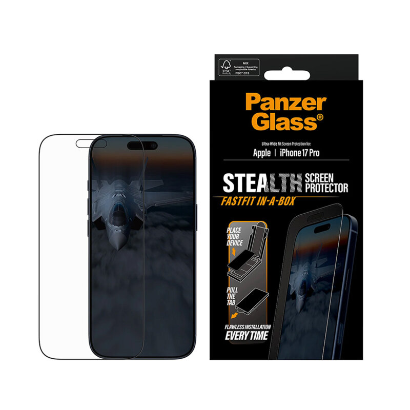 Folie iPhone 17 Pro PanzerGlass® Stealth Ultra-Wide Fit w. FASTFIT IN-A-BOX, negru