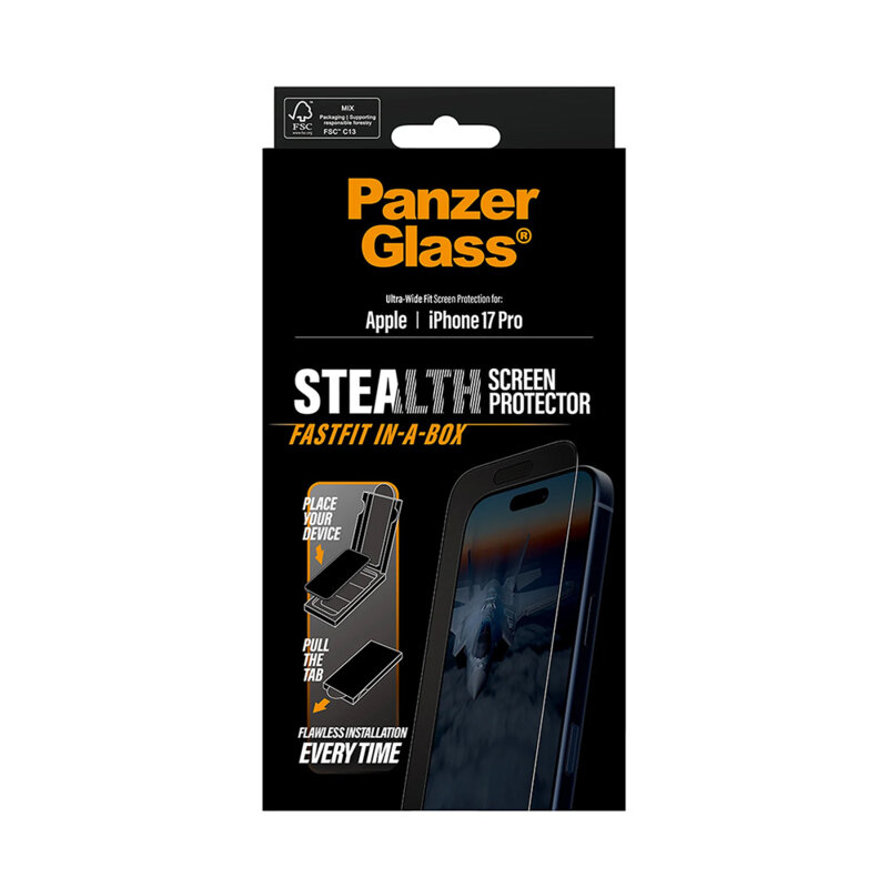 Folie iPhone 17 Pro PanzerGlass® Stealth Ultra-Wide Fit w. FASTFIT IN-A-BOX, negru