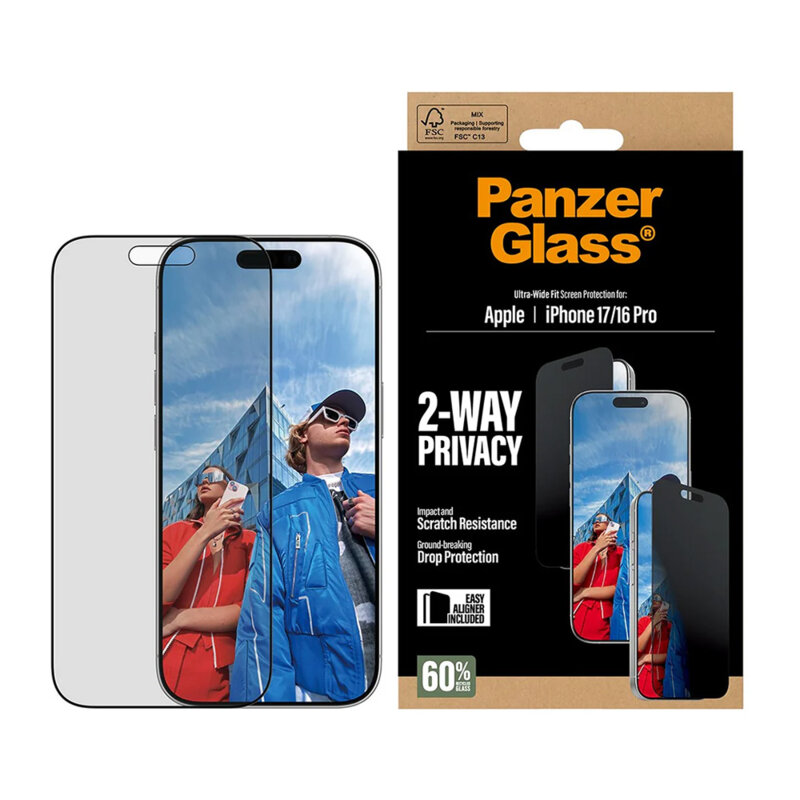 Folie iPhone 16 Pro PanzerGlass® 2-Way Privacy Ultra-Wide Fit w. EasyAligner, negru