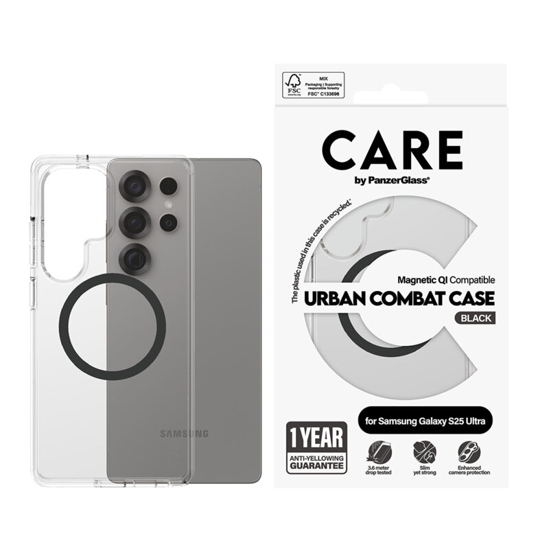 Husa Samsung Galaxy S25 Ultra PanzerGlass® CARE Flagship Urban Combat Black Qi Compatible, transparenta