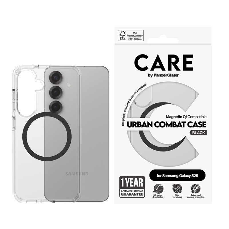 Husa Samsung Galaxy S25 PanzerGlass® CARE Flagship Urban Combat Black Qi Compatible, transparenta