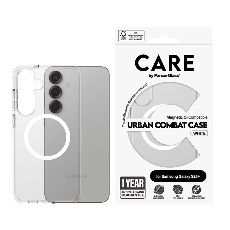 Husa Samsung Galaxy S25 Plus PanzerGlass® CARE Flagship Urban Combat White Qi Compatible, transparenta