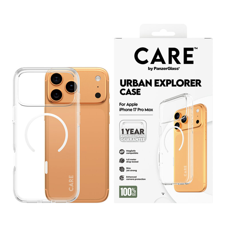 Husa iPhone 17 Pro Max PanzerGlass® CARE Flagship Urban Explorer White MagSafe, transparenta