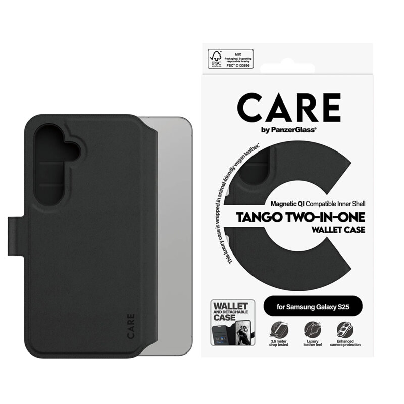 Husa Samsung Galaxy S25 PanzerGlass® CARE Feature Case Tango Two-in-One Wallet, negru